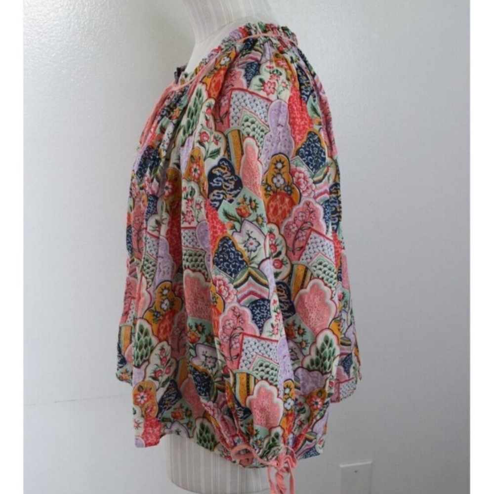RHODE Resort Abstract Patterned Multi Color Tie Collar Bohemian Patchwork Top - Picture 3 of 9